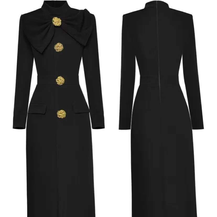 JAMERARY Spring Summer Dress For Women Fashion Golden Button Pearl Vintage Black Bow Long Sleeve Midi Woolen Dresses