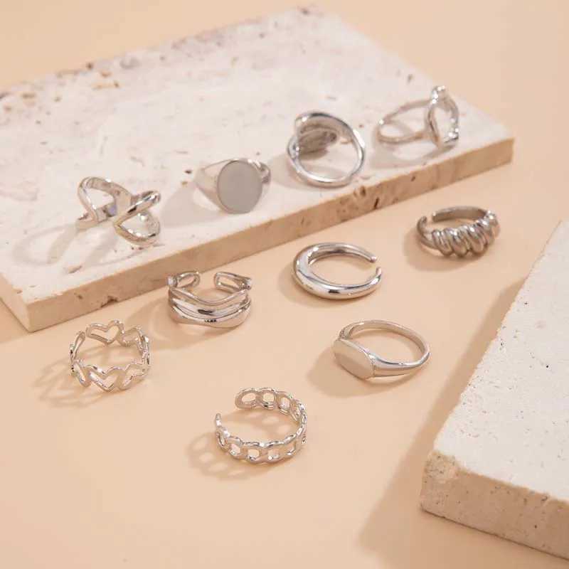10Pcs/Set Trendy Gold Color Geetric Cuff Rings Set for Wen Fashion Metal Geetric Adjustable Finger Ring Jewelry 2024 New X250220