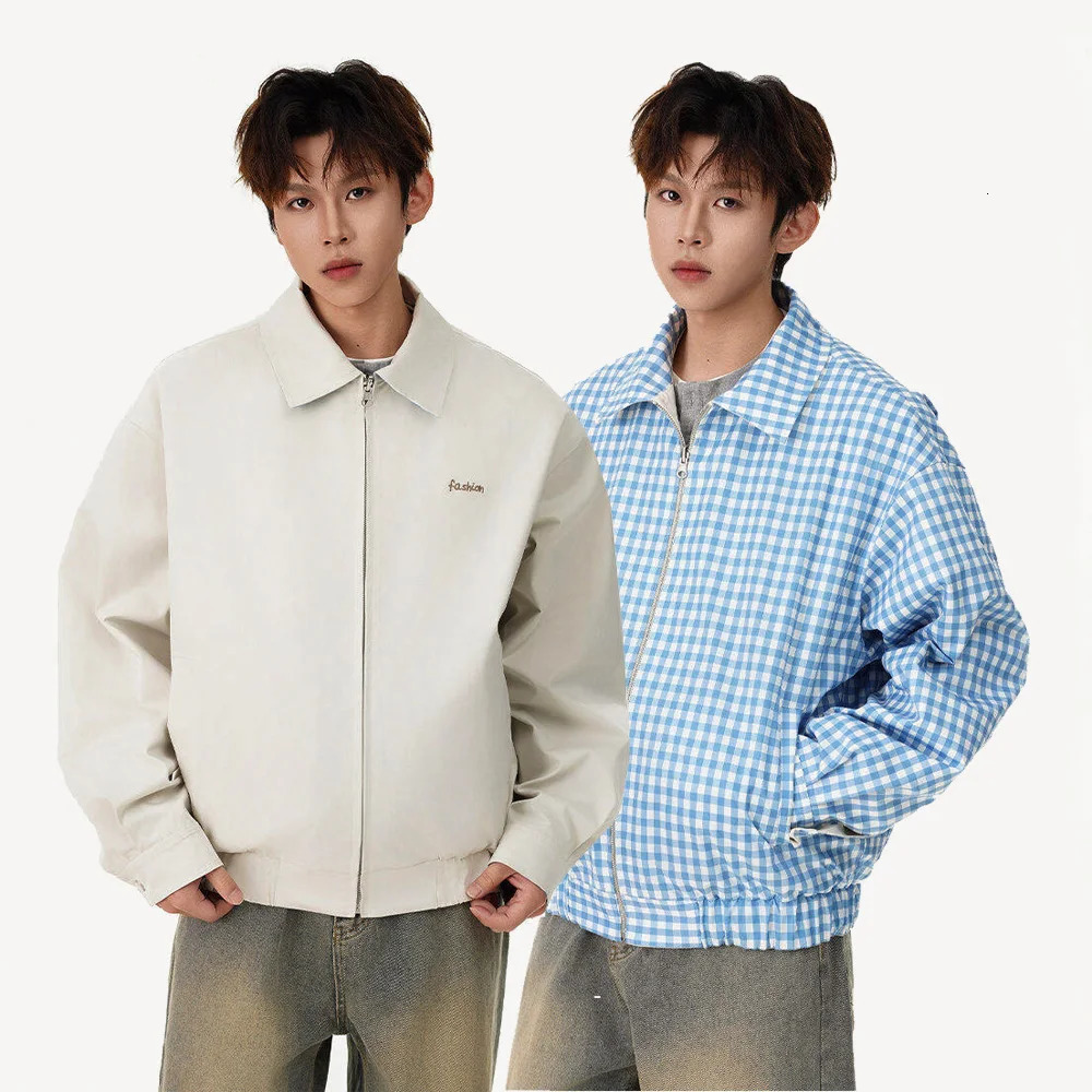 Double Sided Wearable Bomber Jacket Men Streetwear Fashion Loose Causal Vintage Plaid Varsity Jacket Unisex Coat Outerwear 250219