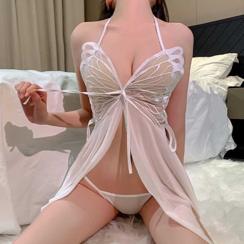 Hot Transparent Deep V Butterfly Open Bra Babydolls Sex Underwear Porn Nightgown Set Sexy Lingerie Women Pajamas Erotic Costumes W250220