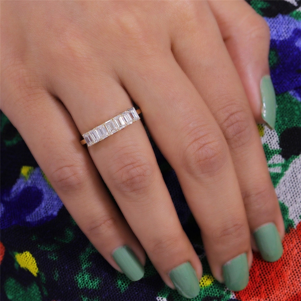 Jewelry 18K Yellow Gold 7 Stones 4*3mm Emerald Cut Lab Diamond Half Eternity Band Women Wedding Ring 14K HPHT Lab Diamond Women Ring