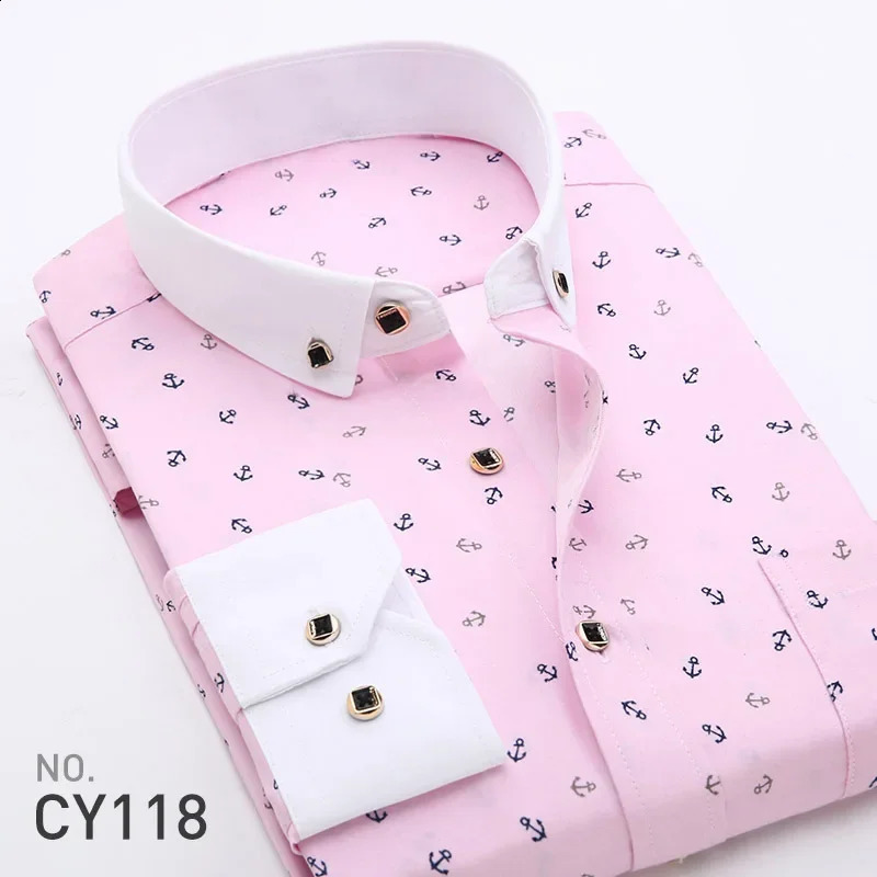 Mens Printed Long Sleeve Shirt Korean Slim Youth Plaid Versatile Casual Fashion Floral Inch Ironfree Process 250220