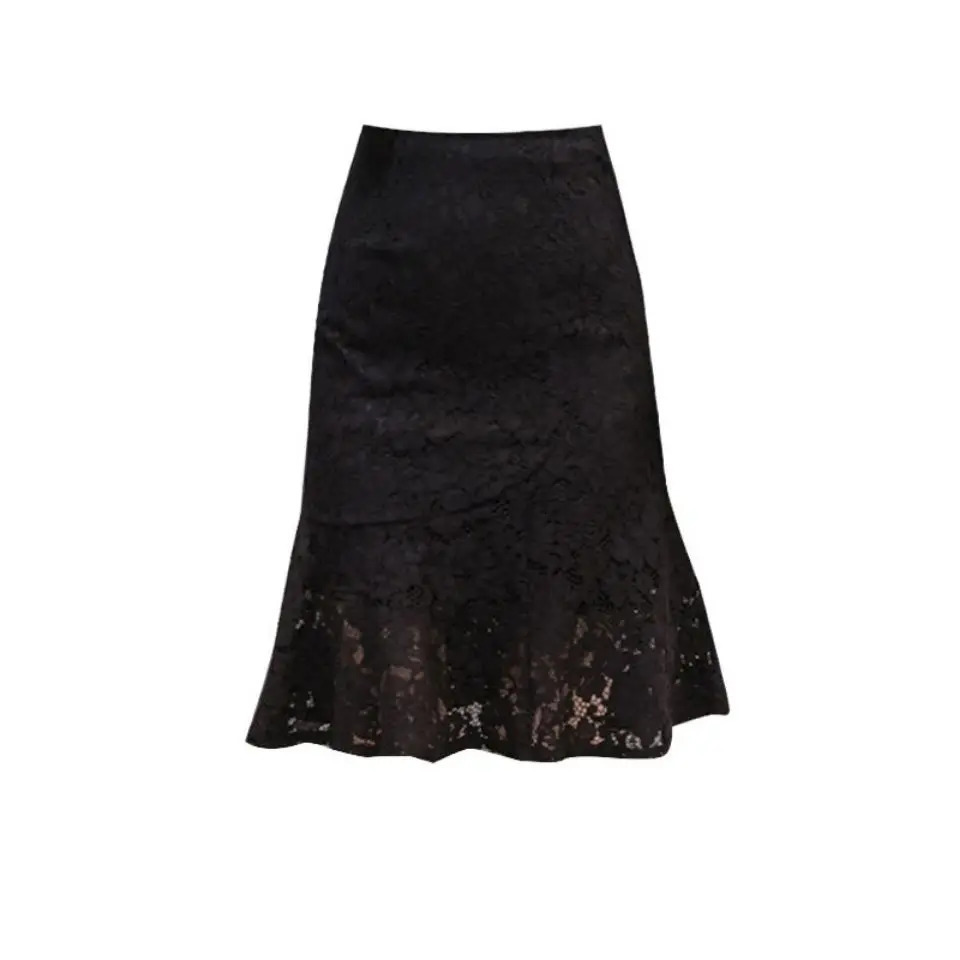 Ladies Temperament Lace Solid Color High Waist Fishtail Skirt Summer Fashionable Zipper Slim Aline Women Clothing Ruffles 250220