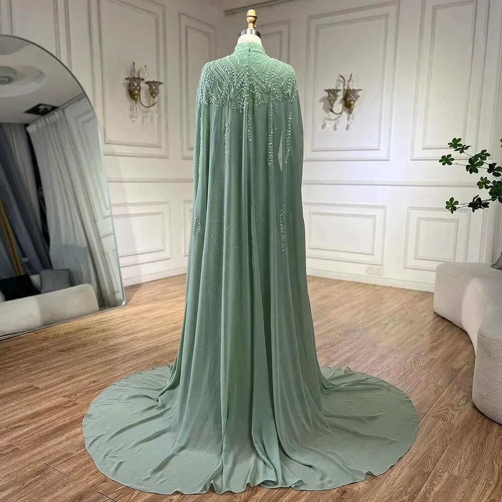 Hill Serene Muslim Sage Green Mermaid Cape Sleeves Beaded Satin Evening Dresses Gowns Customize Party BLA