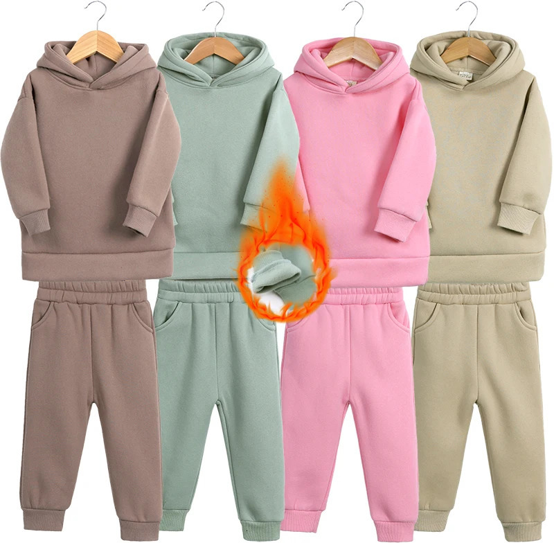 2025 Winter Children Fleece Outfits Toddler Warm Thicken Cotton Soild HoodiesPants Tracksuit Kids Boy Girl Sweatsuits Sets 250220