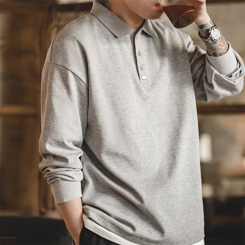 Maden Spring Vintage Oversize Polo Shirts for Men Business Casual Solid Color Long Sleeve T-shirt Stylish Lapel Plain Tops 250219