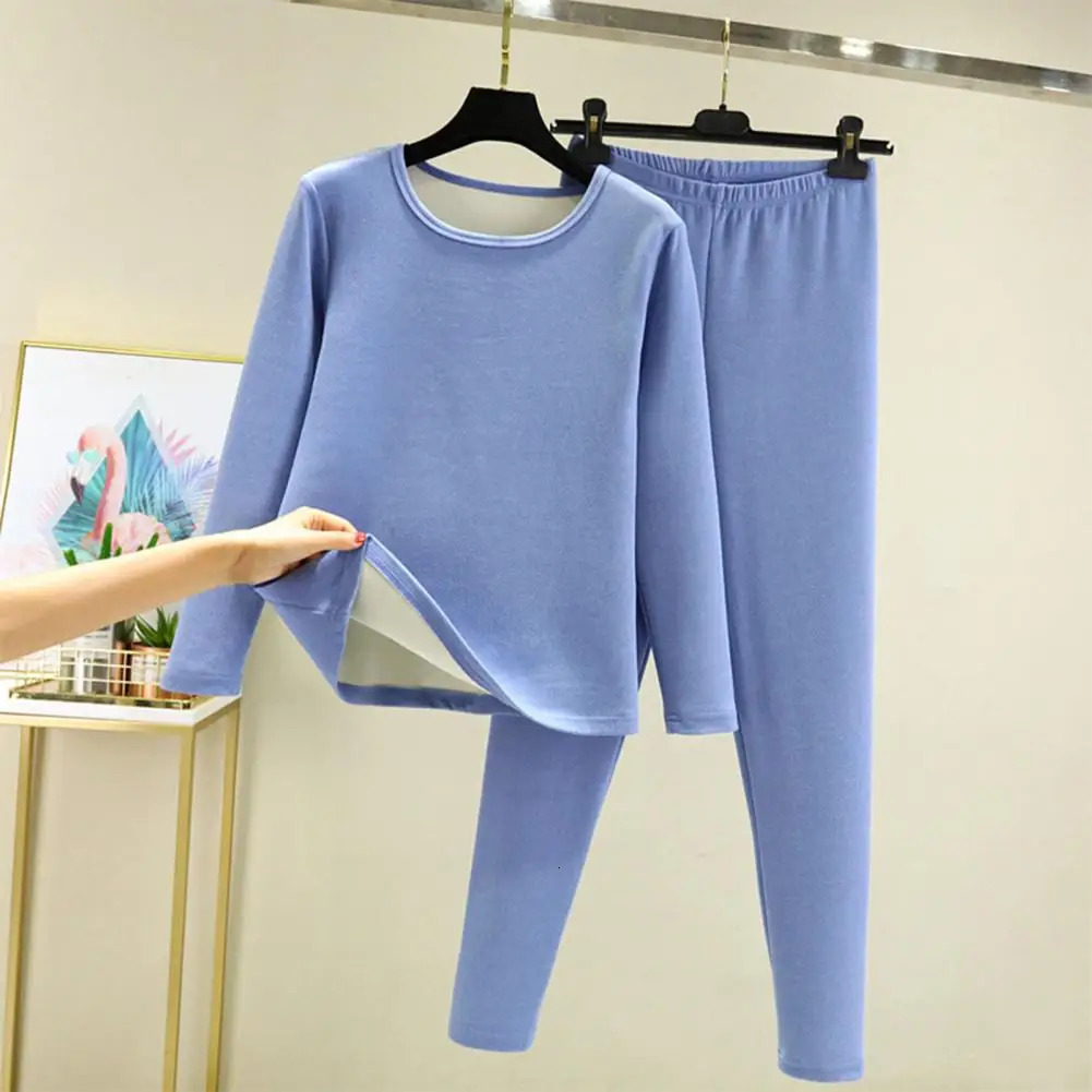 2 PcsSet Winter Top Pants Set Plush Round Neck Long Sleeve Elastic Waist Warm Soft Homewear Pajamas Thermal Underwear 250220