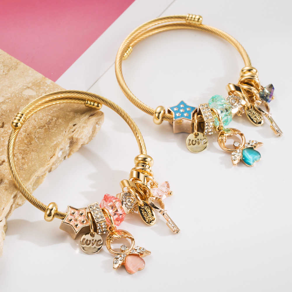 Charm Bracelets New Pan Jia Duo La Beaded Stainless Steel Bracelet for Womens Little Angel Key with Diamond Pendant Adjustable Best Friend Bracelet H2