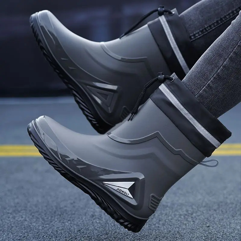 Rain Boots Mens Waterproof Drawstring Shoes Velvet Padded Suit Warm NonSlip Flat Fashion Takeout Rider 250219