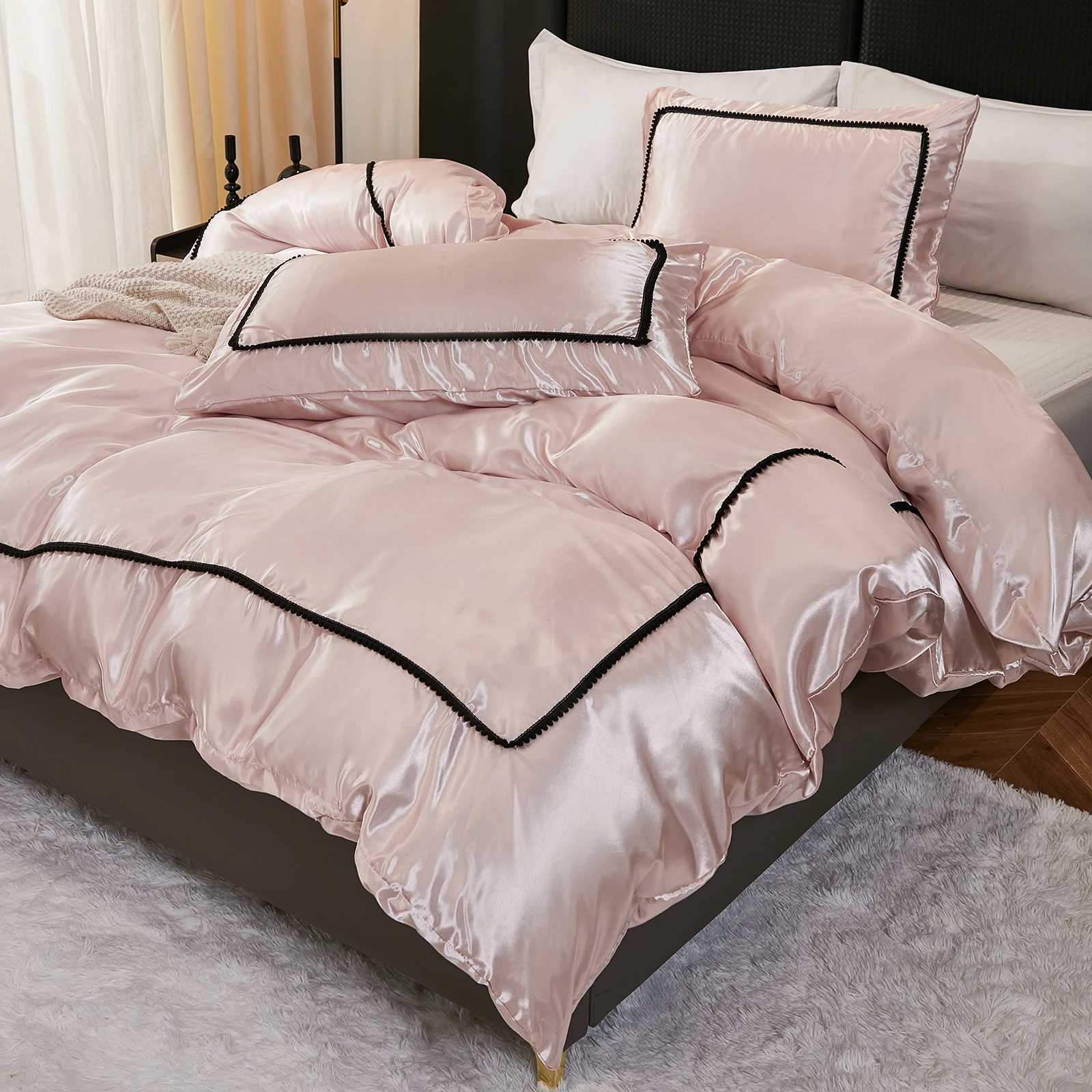 3-piece satin down duvet cover set silk white black and pink bedding set silk luxury bedding set Y250219
