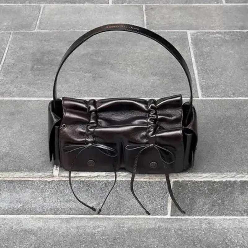2024 New in Distressed PU Leather Bow Underarm Pleated Shoulder Bag Bags for Women Luxury Designer Handbag and Purses Y250218