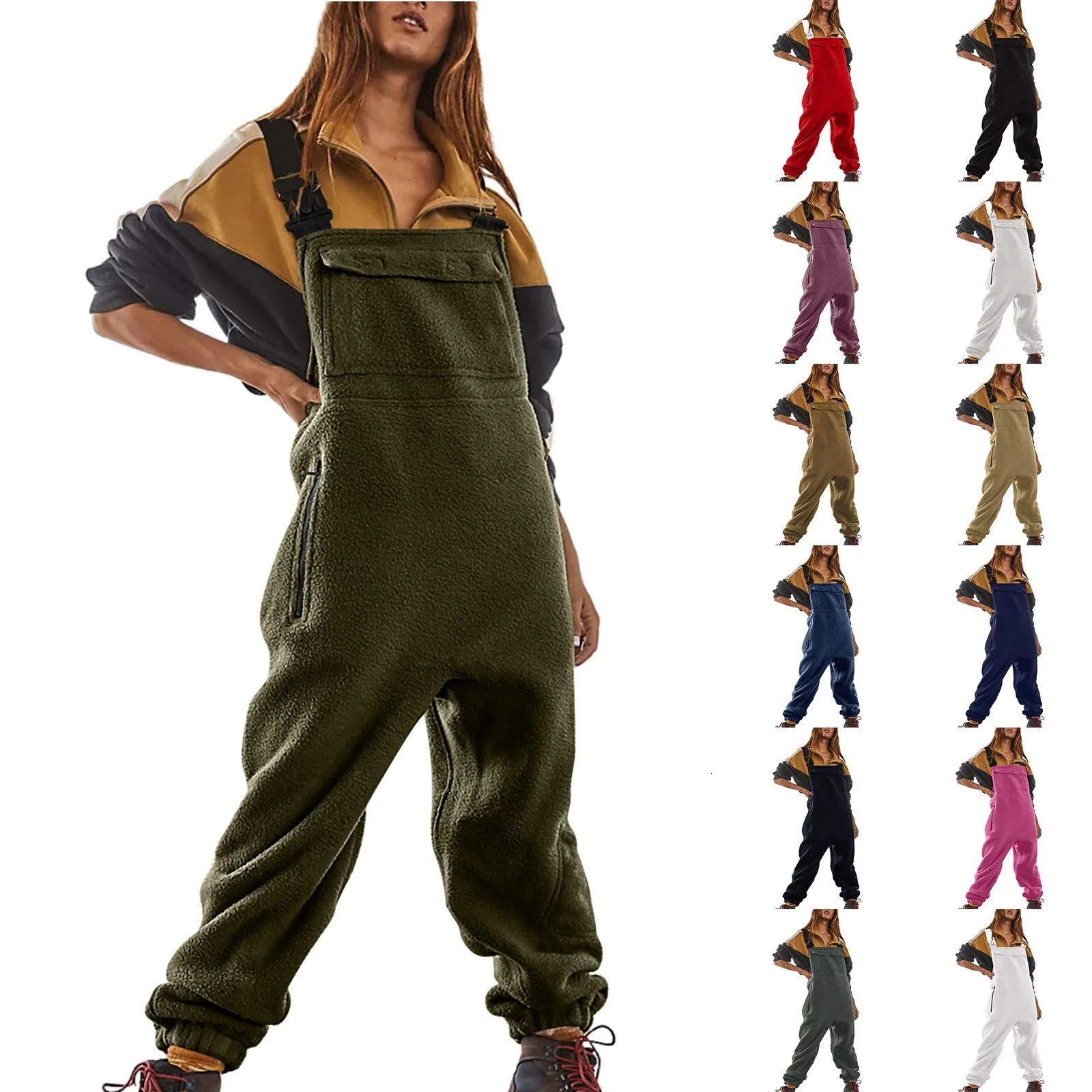 Womens Oversized Jumpsuit Womens Solid Color Fashionable Jumpsuit With Pockets Autumn And Winter Plus Plush Thick Jumpsuit 250220