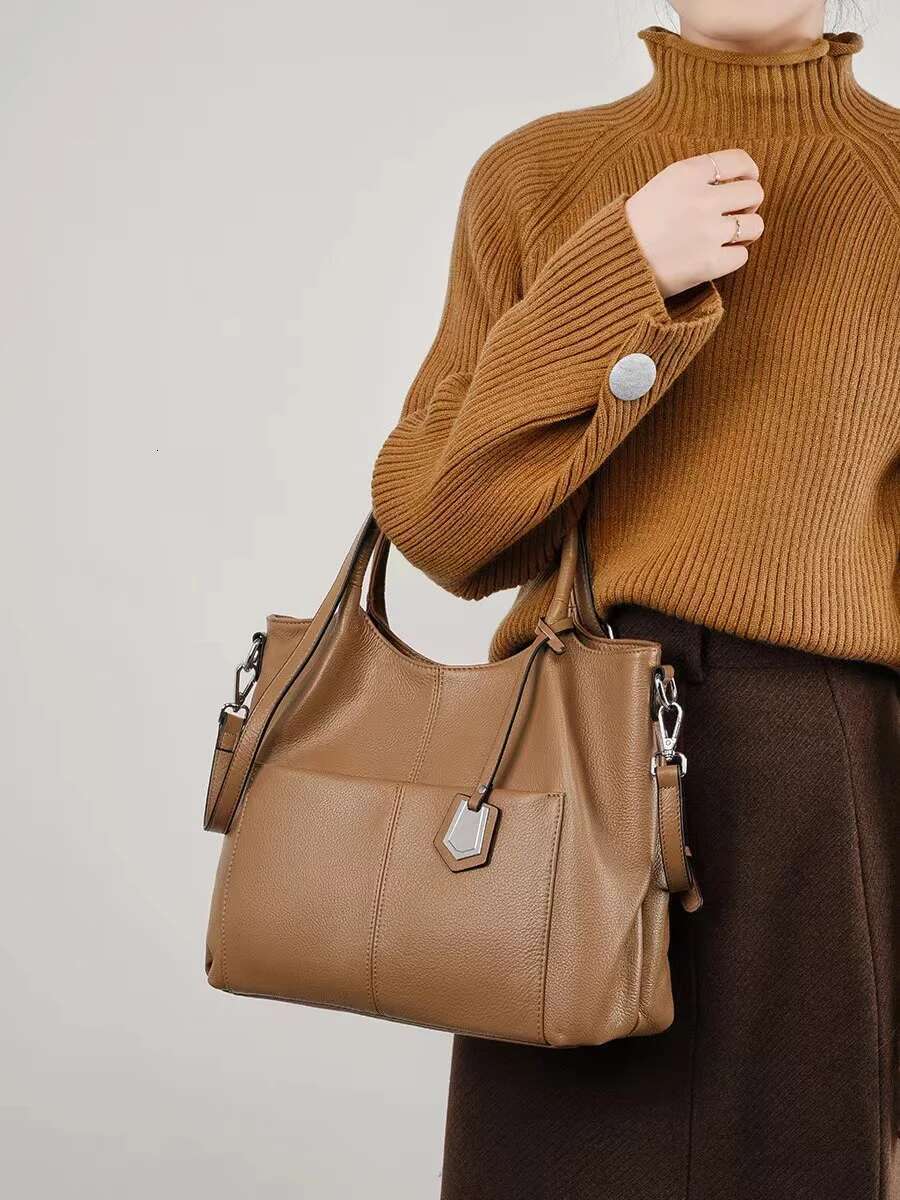 Large Capacity Women's Handbag High Quality Bucket Genuine Leather Cowhide Shoulder Messenger Lady Purse Casual Bag