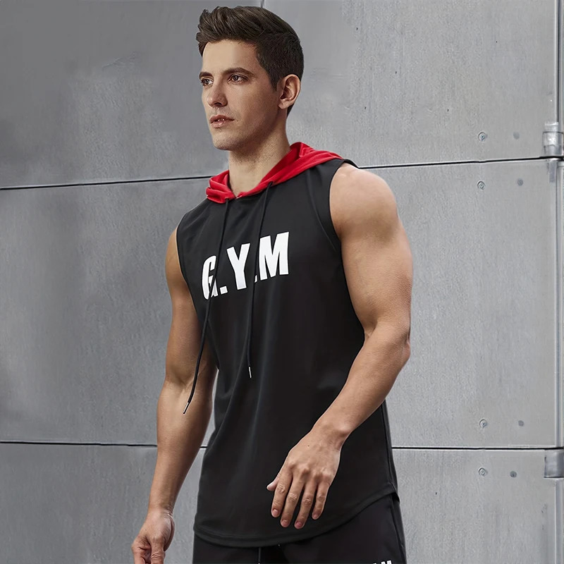 Mens Sleeveless Hoodie Bottom Sweatshirt Fashion Casual Loose Hoodie Running Fitness Mens Tank Top 250219