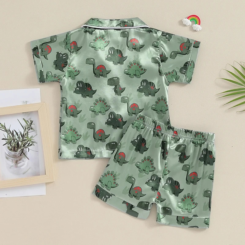 Kids Boys Summer Pajama Outfits Dinosaur Print Turn-Down Collar Short Sleeve Shirts and Elastic Waist Shorts 2 Pieces Sleepwear 250219