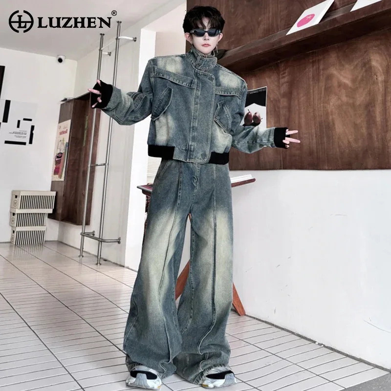 LUZHEN Standing Collar Personalized Patchwork Denim Jacket Short Two Piece Sets Mens Loose Street Mens Jeans LZ6548 250220