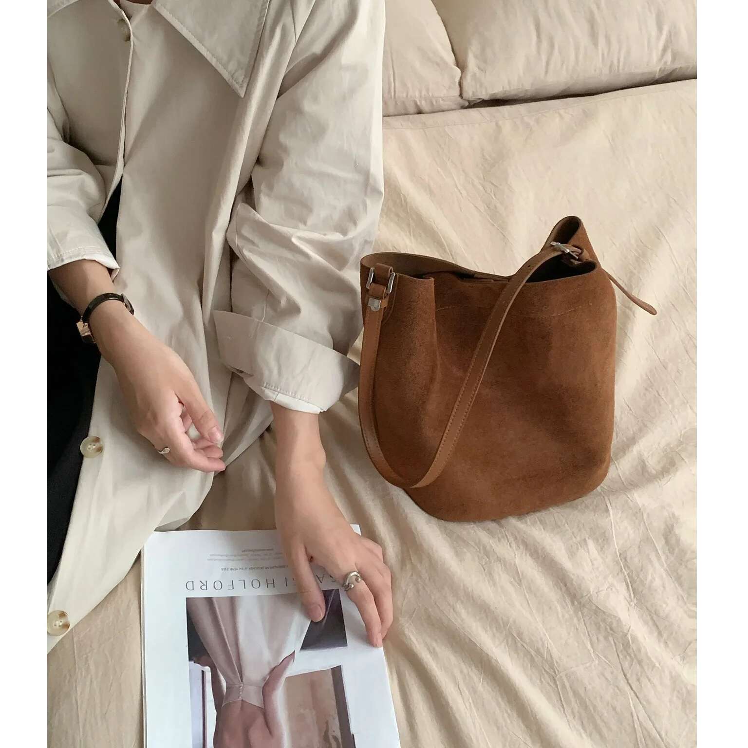 Newest Suede Leather Women Retro Bucket Bags High Quality Female Commute Tote Soft Cowhide Simple Shoulder Crossbody Bag