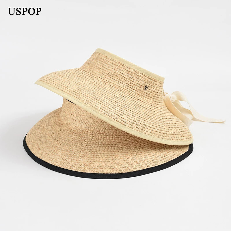 USPOP Women Sun Hats Natural Raffia Straw Hats Bowknot Wide Brim Beach Hats 250219