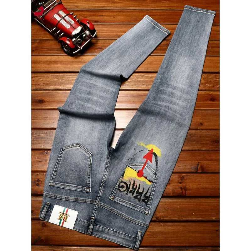Light luxury MENS printed jeans fashion casual straight leg elastic slim fit designer washed motorcycle street denim pants X250220
