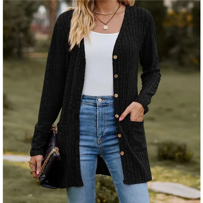 Autumn Womens Milled Pit Stripe V-Neck Solid Color Button Long Sleeve Ladies Casual Extensions Cardigan Jacket Coat 250219