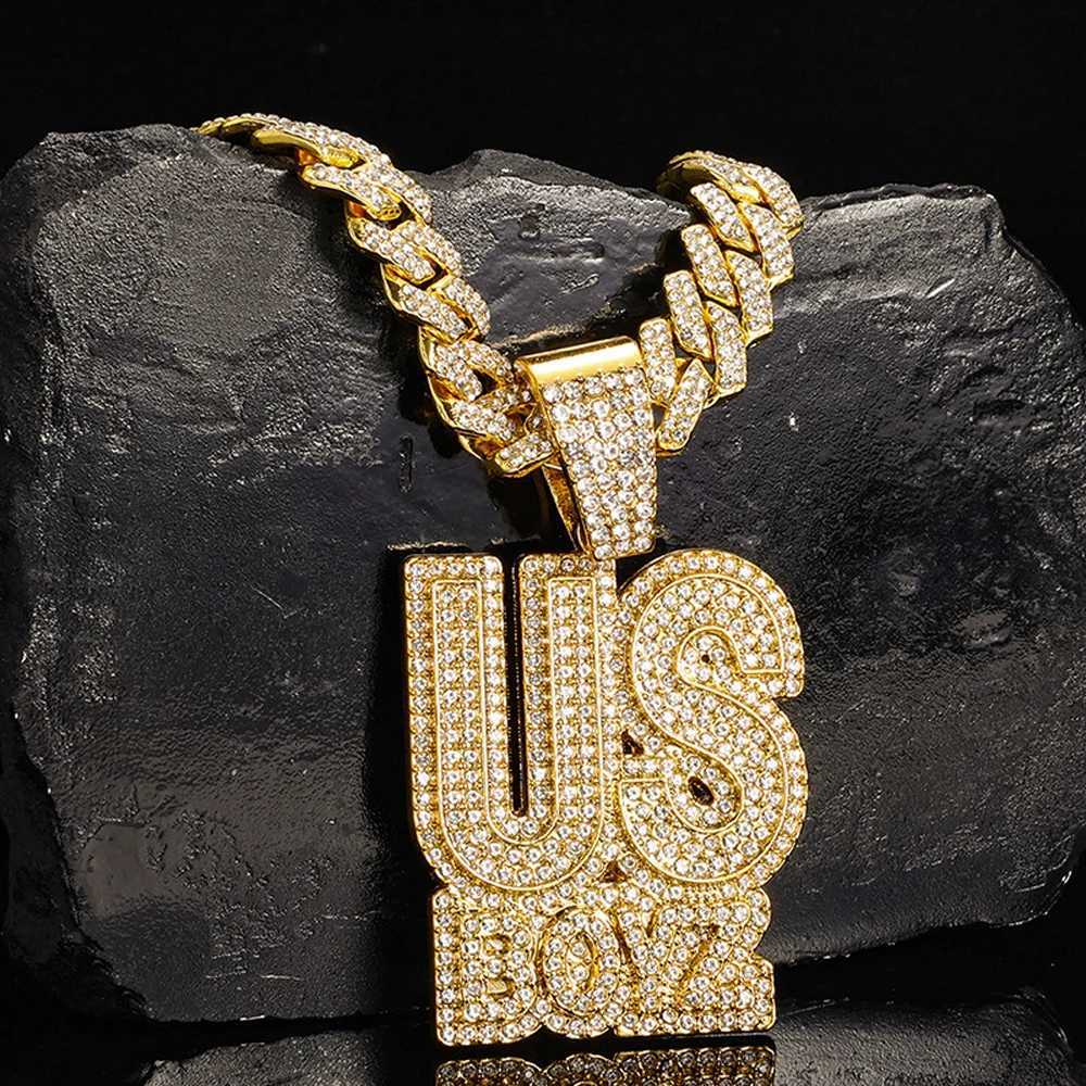 Mens Rhinestone US Boys Letter Pendant Necklace With 13mm d Out Bling Square Cuban Chain Charm Fashion Hip Hop Men JewelryXJ250219