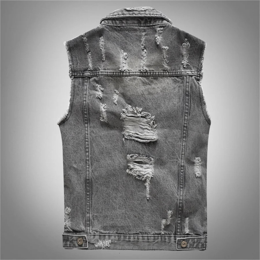Spring Autumn Vintage Mens Denim Vest Male Sleeveless Jacket Men Grey Ripped Hole Jean Waistcoats Clothing Oversize 5XL 250219