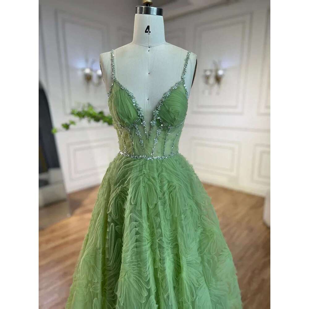 Arabic Sage Green Elegant Spaghetti Strap Backless A E Prom Dress For Women Evening Party Customize