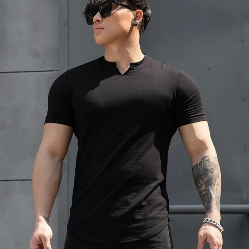 Men Summer Slim Fit Fashion T Shirt Fitness Motion Hip Hop Streetwear Running And V Neck trend Breathable Top 250218