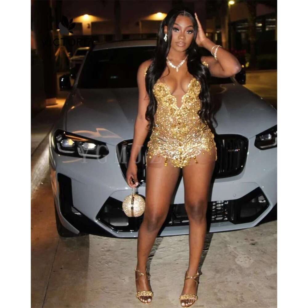Gold Brilliant Rhinestone Short Ball Tail Dresses 2025 The Beaded See Through Black Girls Custom Birthday cocktail Party Dress
