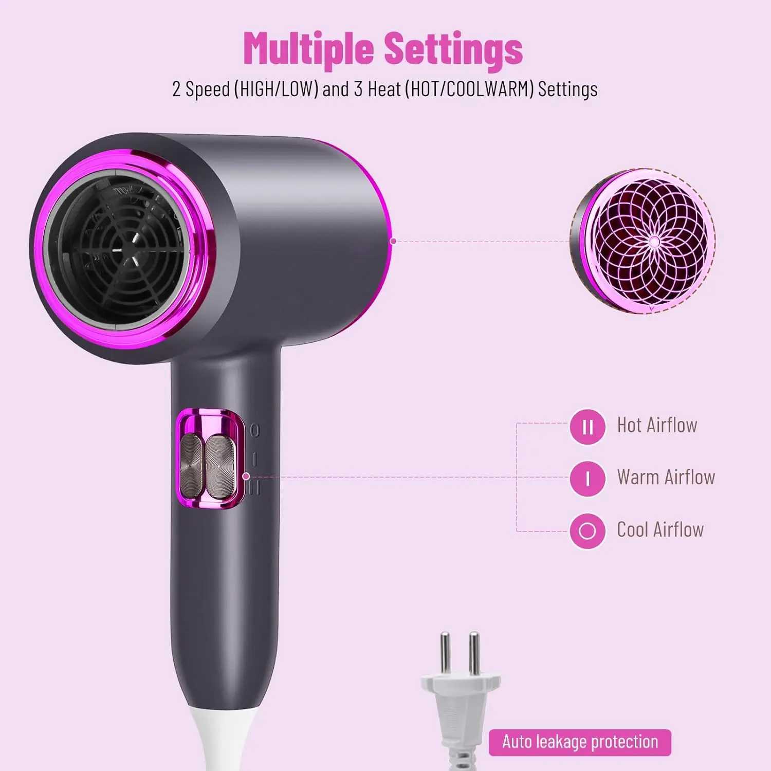 2000W Hair Dryer Salon Hair Dryer with Hot and Cold Buttons Ionic Hair Dryer with Diffuser and Styling Nozzle W250220