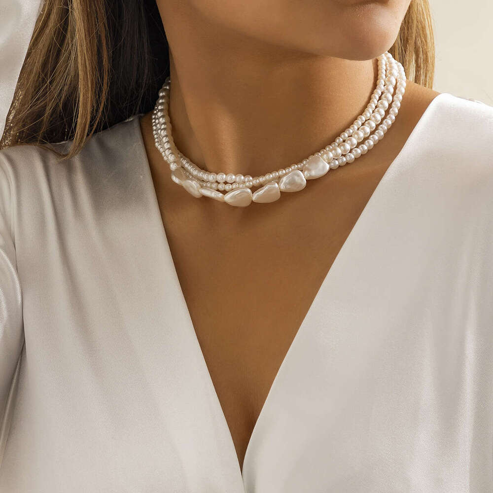 Jewelry imitation pearl layered woven Baroque necklace, niche round bead chain, versatile necklace