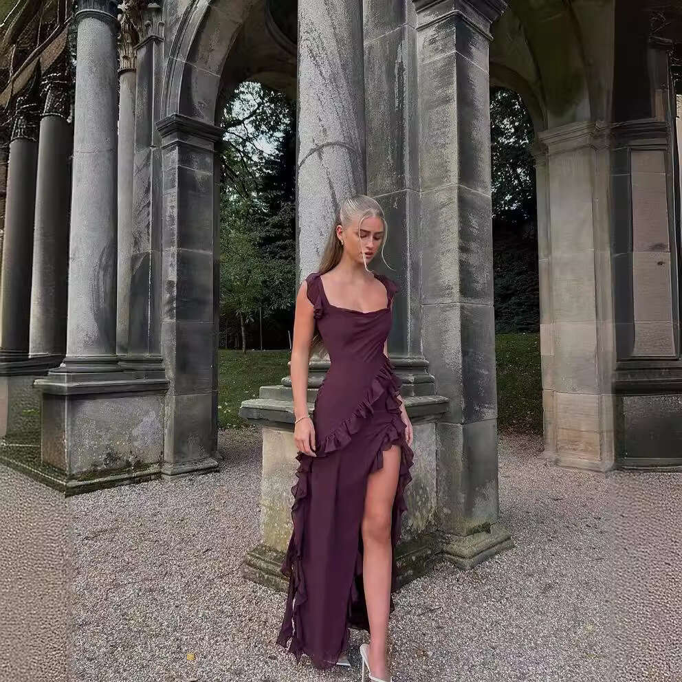 European American style sexy hot girl summer women's dress with suspender, square neck, fungus edge, side slit, solid color dress, 2025 new style