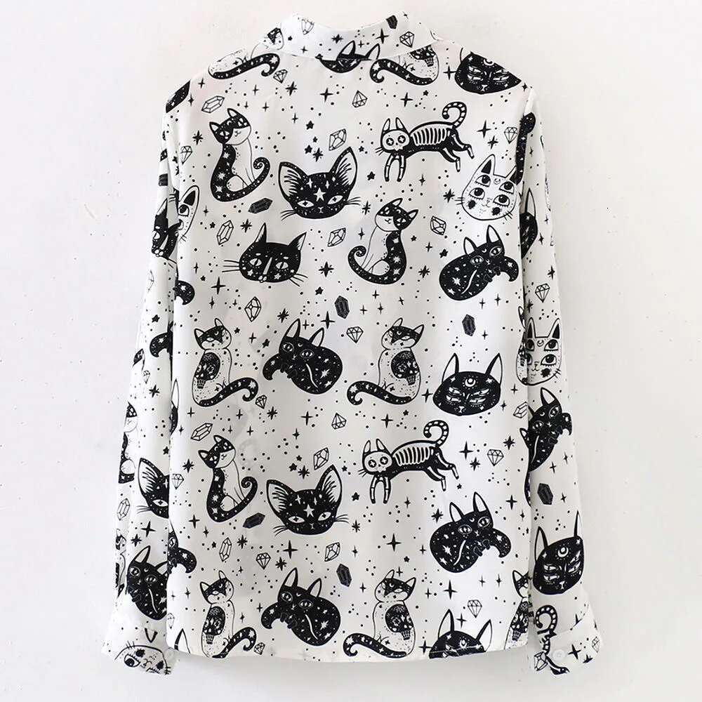 Kitty Print Shirt For Women Long Sleeve Turn-Down Collared Button Down Cute Cartoon Blouse Ladies Spring Summer Kawaii Outfit