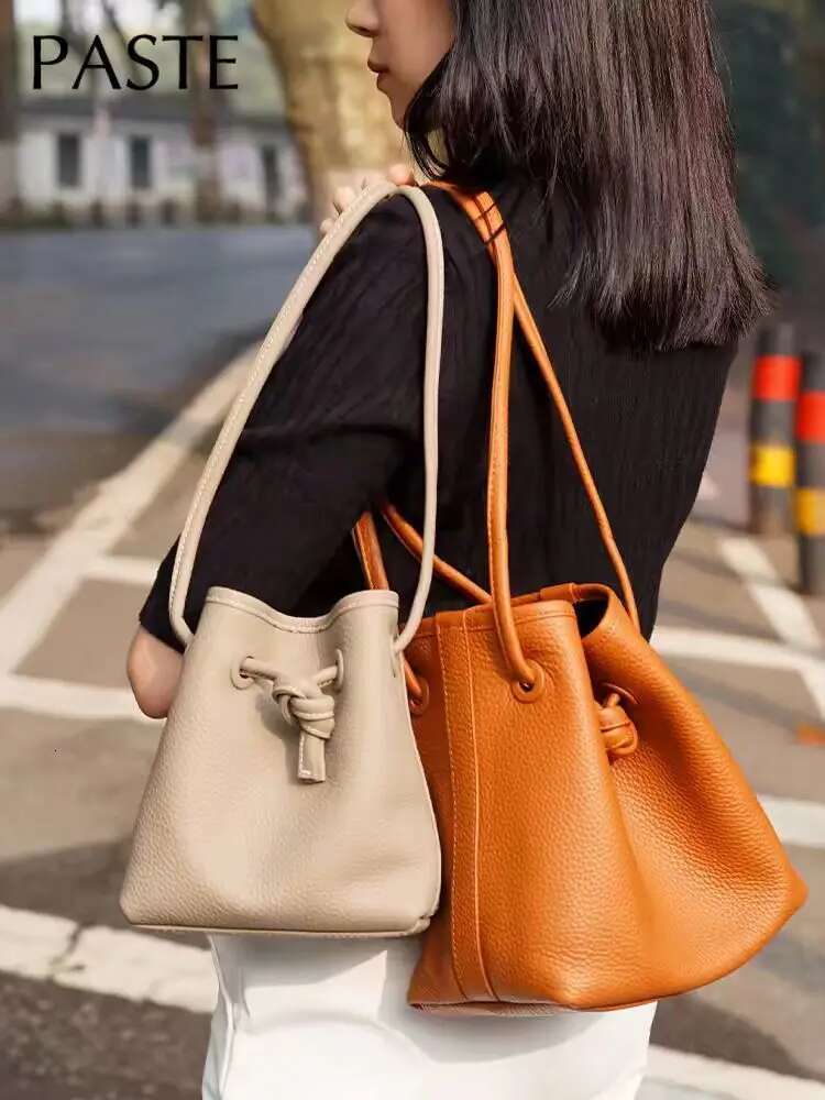 Stylish String Close Tote Small 100% Natural Cow Leather Women's Hand Denim Blue Beige High Quality Ladies Shoulder Bag