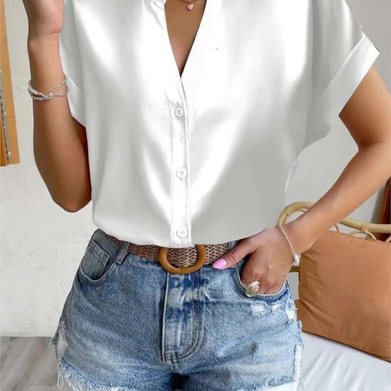 Summer Minimalist V-Neck 2025 Elegant Women's Satin Red Short Sleeved Single Breasted Casual Fitting Office Shirt