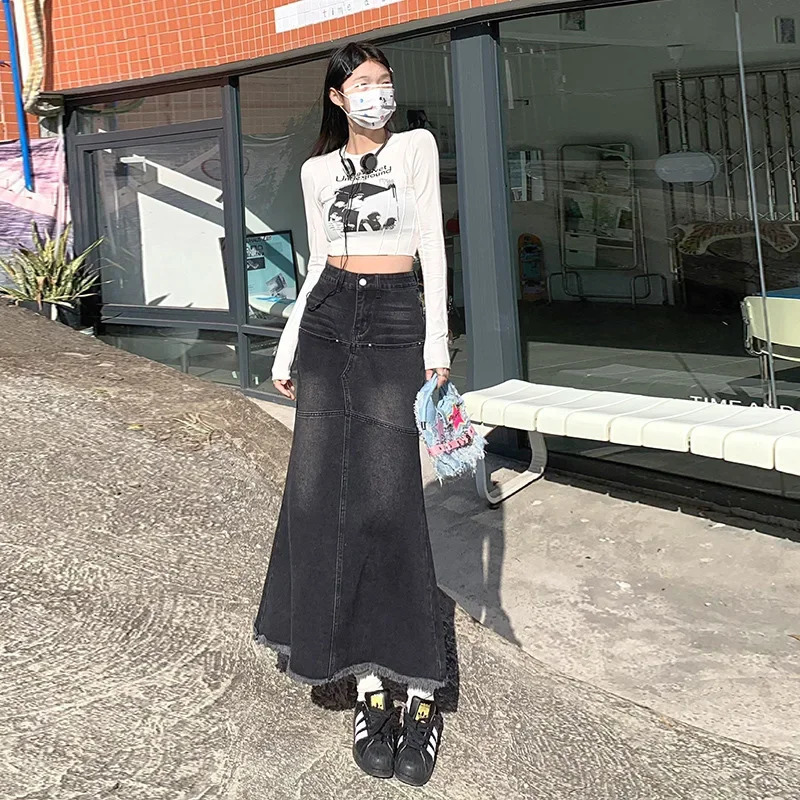 Nichefringe Black Grey Denim Skirt Womens Slimming Versatile MediumLength Fish Tail Spring 2024 Arrival 250220