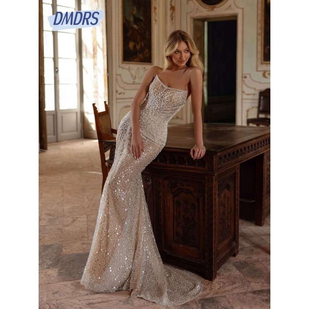 Cute Bright Strapless Wedding Fashion Pearls Mermaid For Bride Romantic Long Bridal Dress Custom Female Wear