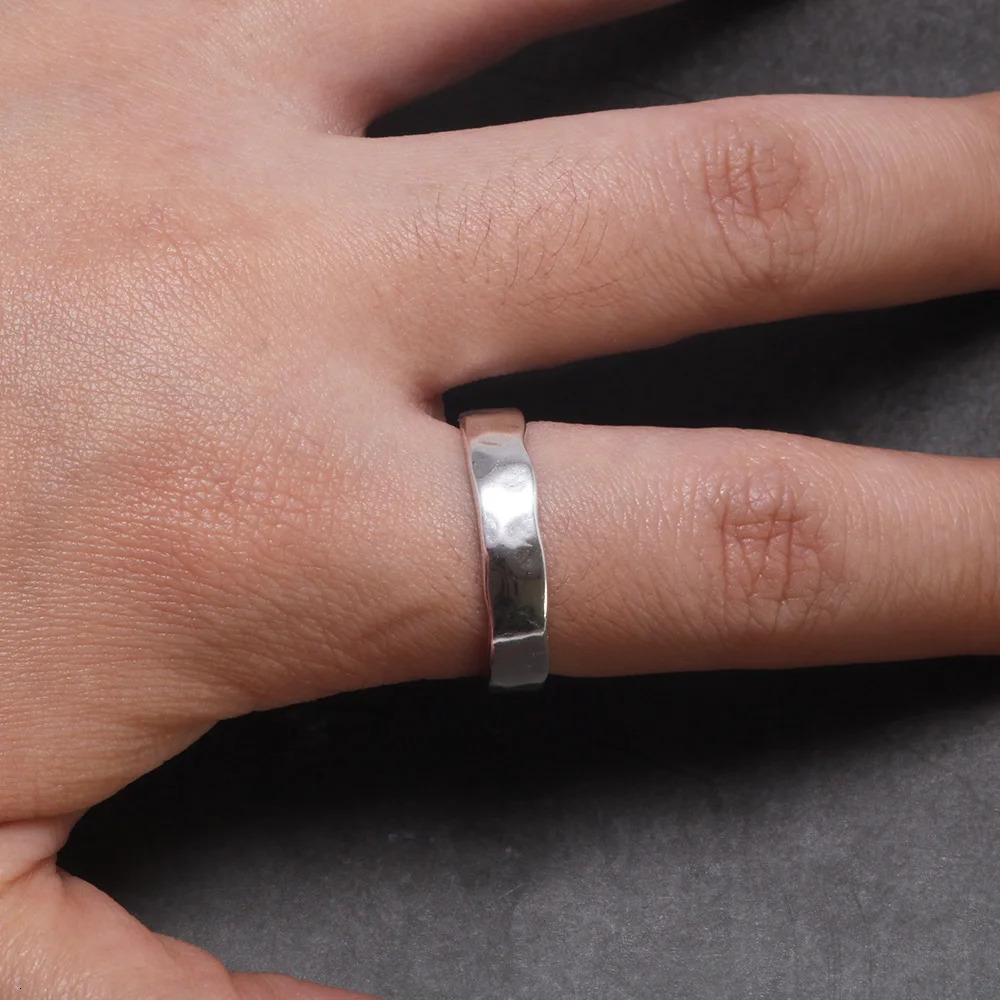 Sterling Silver S925 Bright Hand Hammer Pattern Mens and Womens Rings Minimalist Adjustable Jewelry 250218