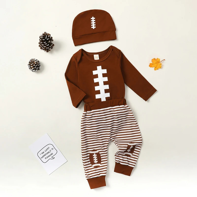 -08-02 Lioraitiin 0-18M Baby Boy Girl Football Outfit Long Sleeve Sweatshirt Romper Rugby Stripe Elastic Pants 3PCS Clothes 250219