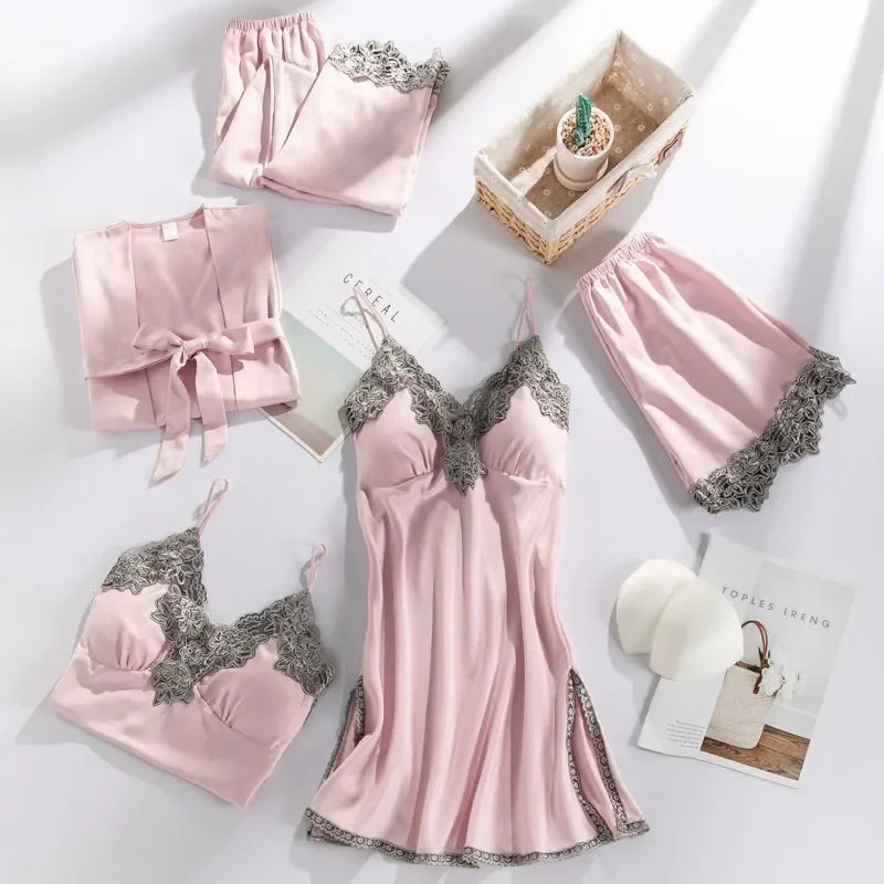 5PCS Sleepwear Sleep Suit Sexy Womens Lace Pajamas Sets V-Neck Satin Pajamas Intimate Lingerie Spring Nightwear Home Wear PJS 250219