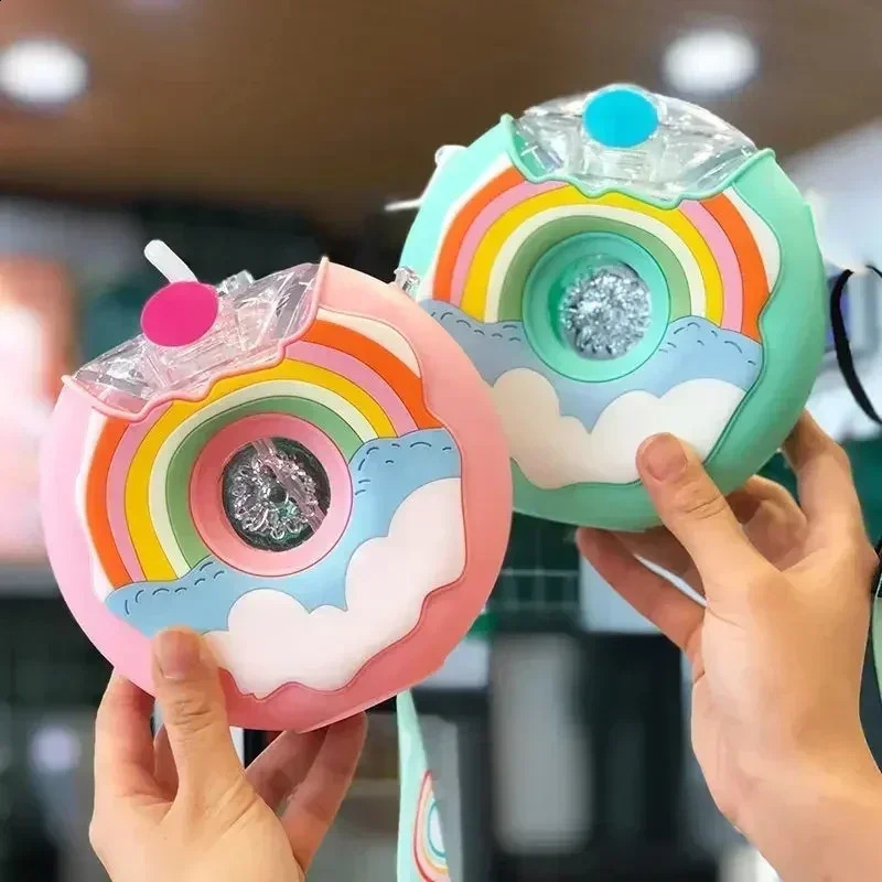 380ML Donut Shape Cup Kids Feeding Cup with Straws Lovely Donuts Shape Water Cups Cartoon Leakproof Outdoor Water Bottle 250321