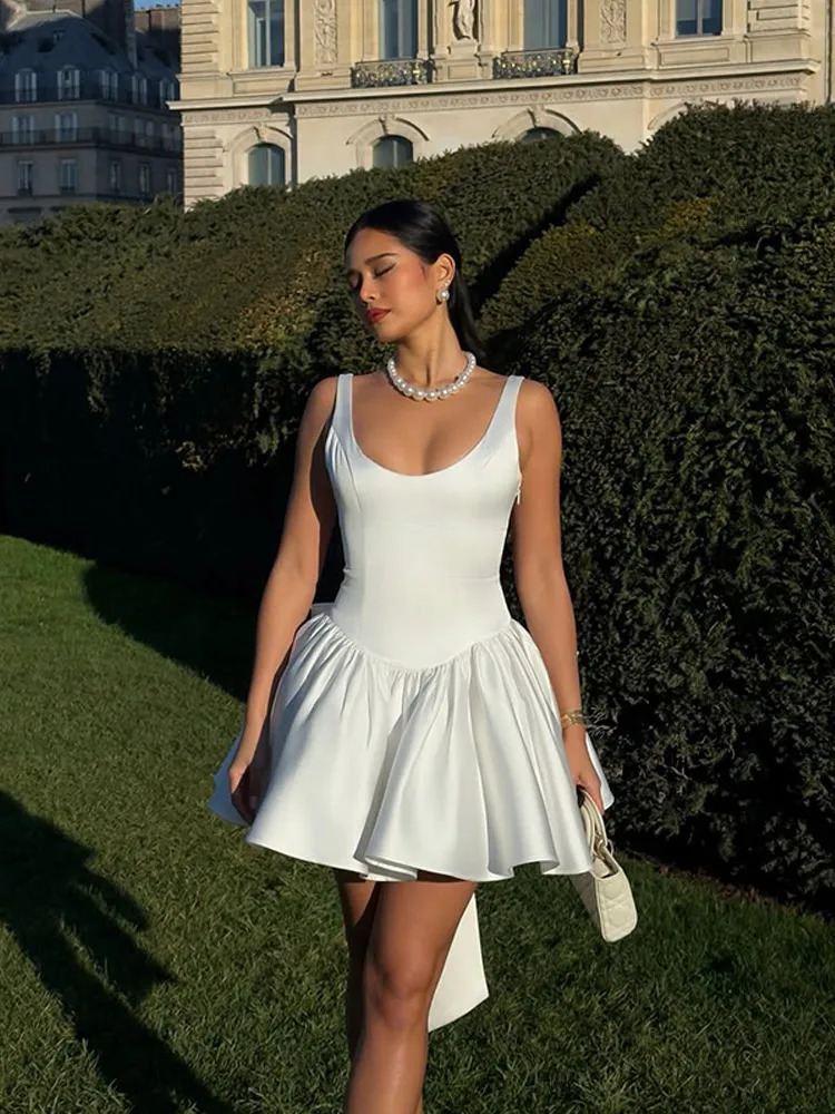 Elegant White Back 3d Bow A-line Woman Dress Fashion Backless Sleeveless High Waisted Short Skirt Ladies Evening Party Robe 250219