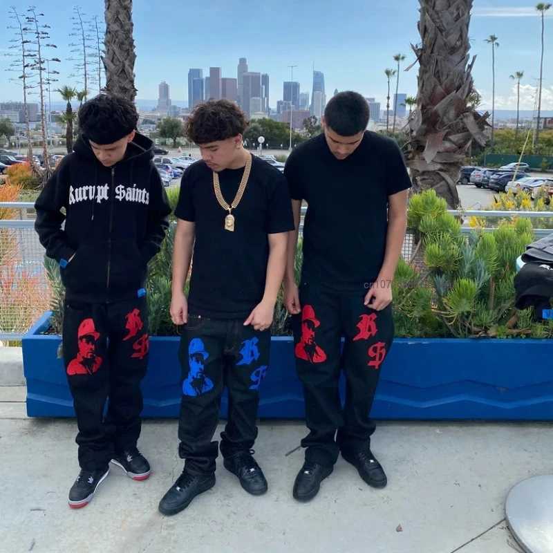 Black Straight Jeans Men Women Ins New Net Red Design Personality Printing Wide Leg Pants Winter Loose High Street Casual Jeans X2502201