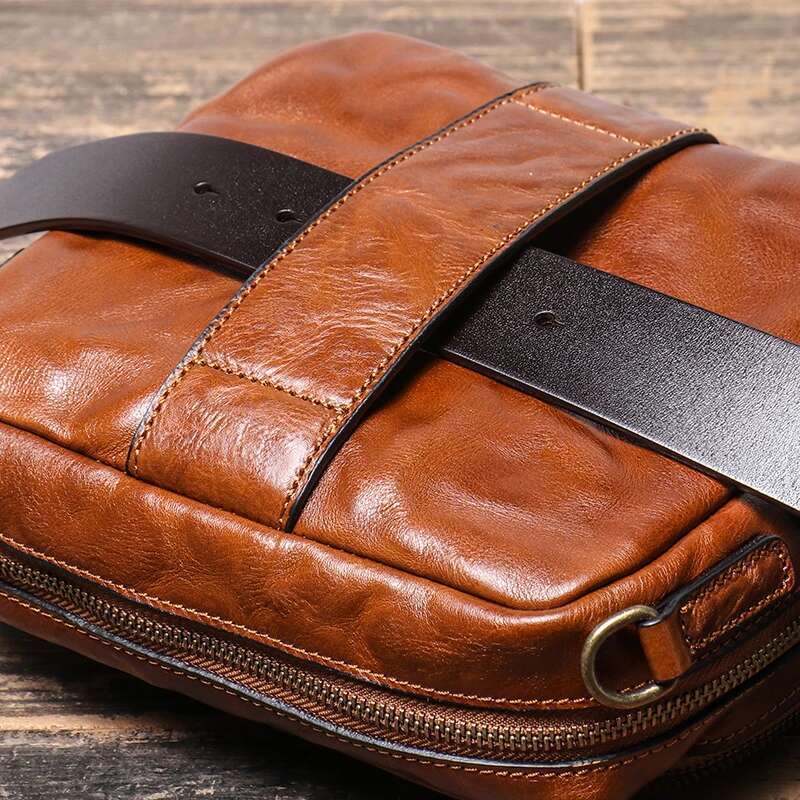 Vintage Casual Men's Head Layer Cowhide Leather Shoulder Handmade Original Horizontal Messenger Phone Bag LEATHFOCUS