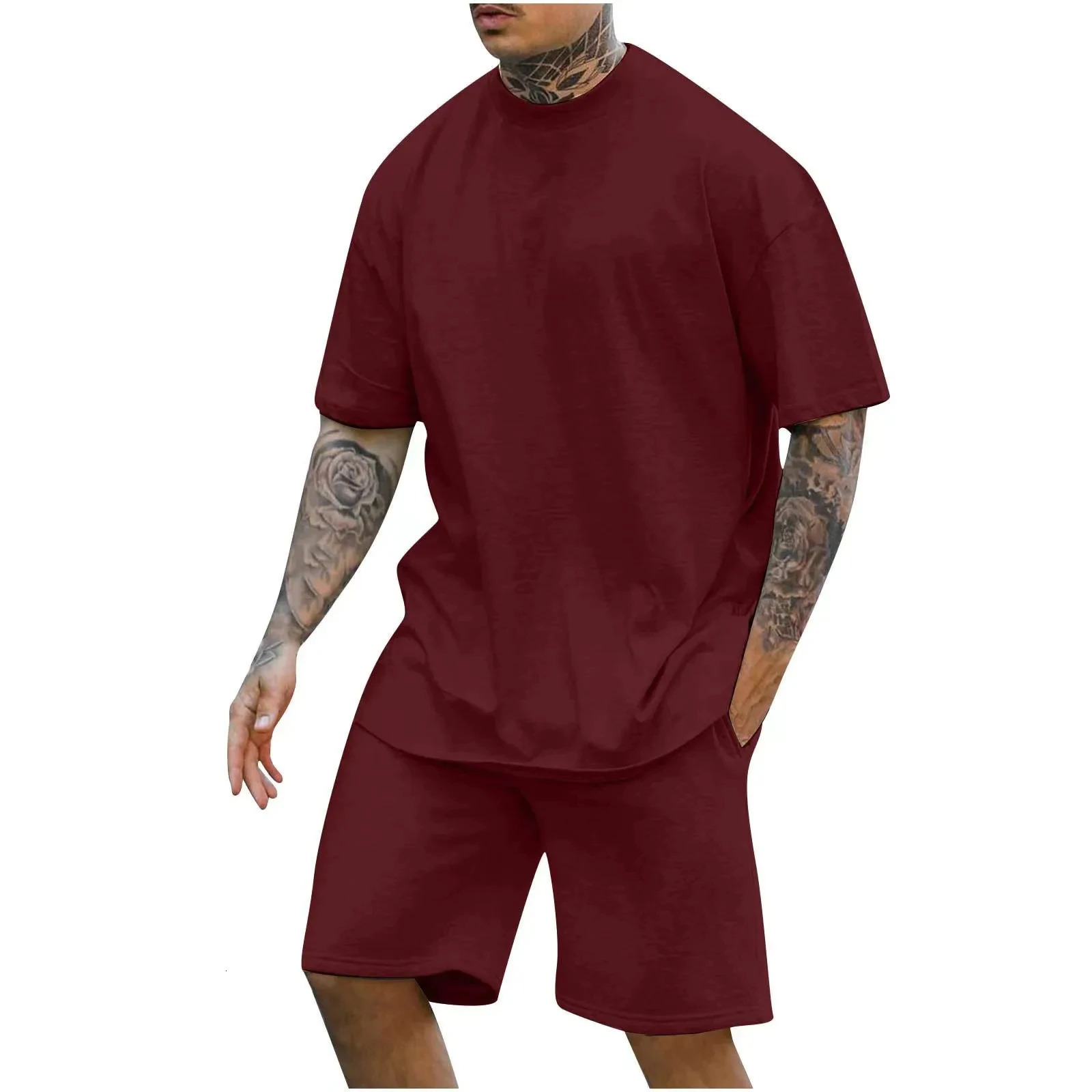Summer Solid Color 3D printed T-shirt and shorts set for mens track wear ultra-fine short sleeved T-shirt and pants set for mens wear 250220