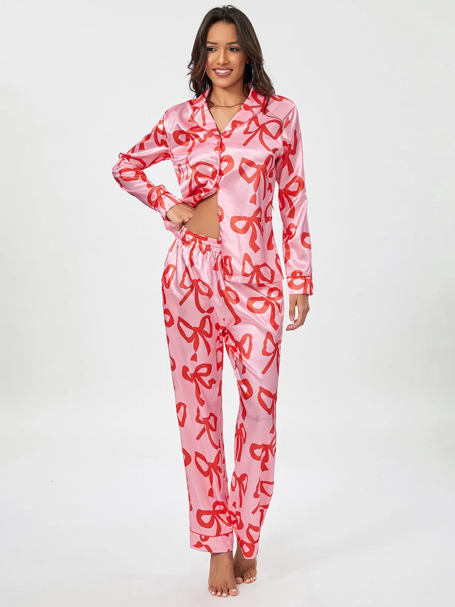 Womens 2-piece long sleeved lapel button top bow printed pants pama set 250219
