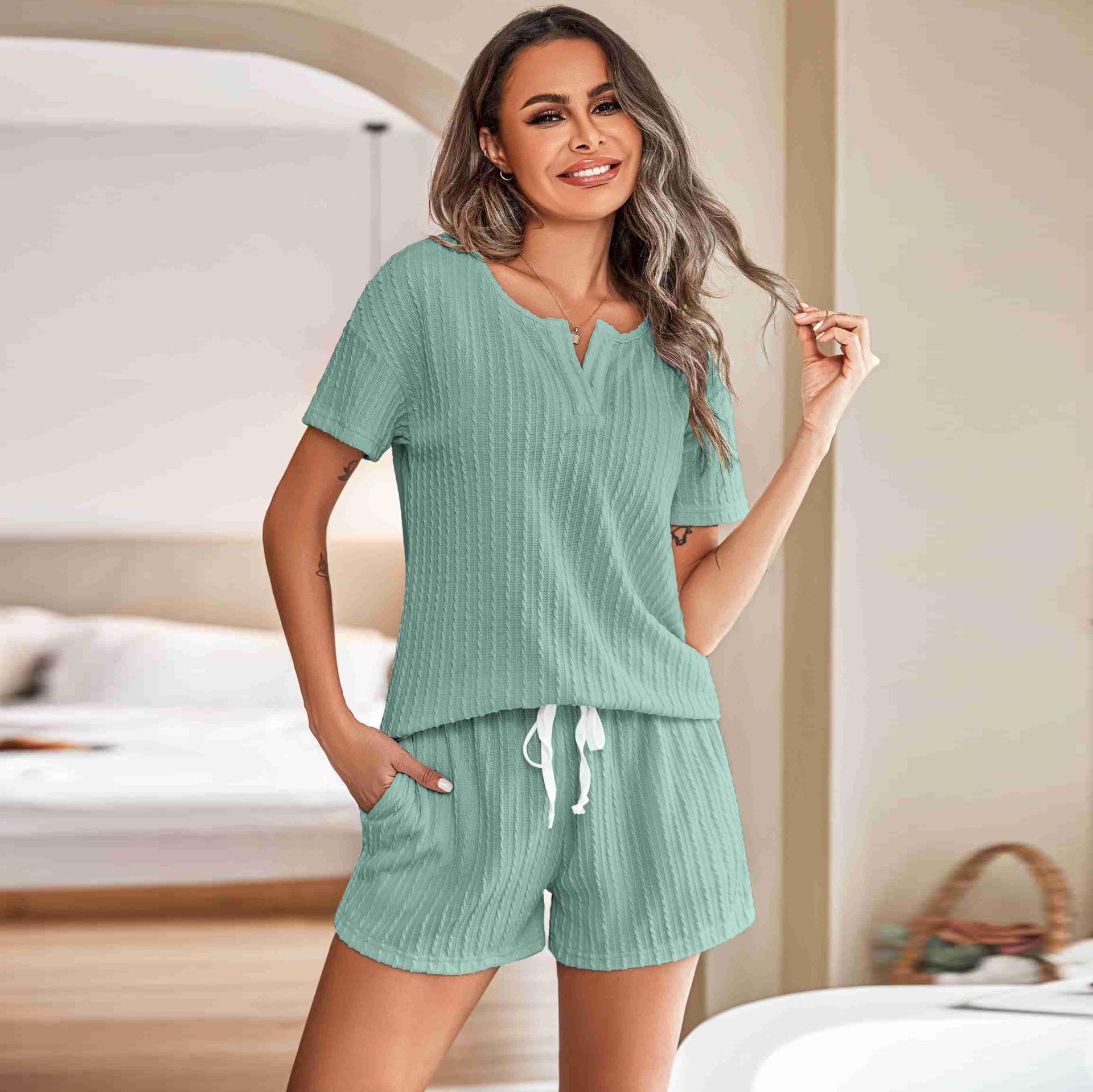 D13-Spring and summer European and American ladies' home clothes pajamas set knitted jacquard fabric short-sleeved shorts two-piece set