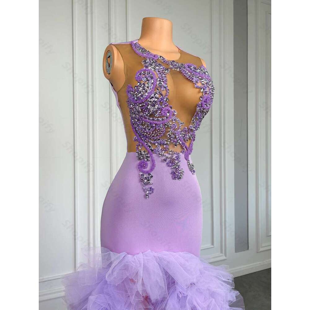Elegant Purple Appliques Beaded Long 2025 Sexy Slit Black Girl Mermaid Prom Dresses Pleated Custom