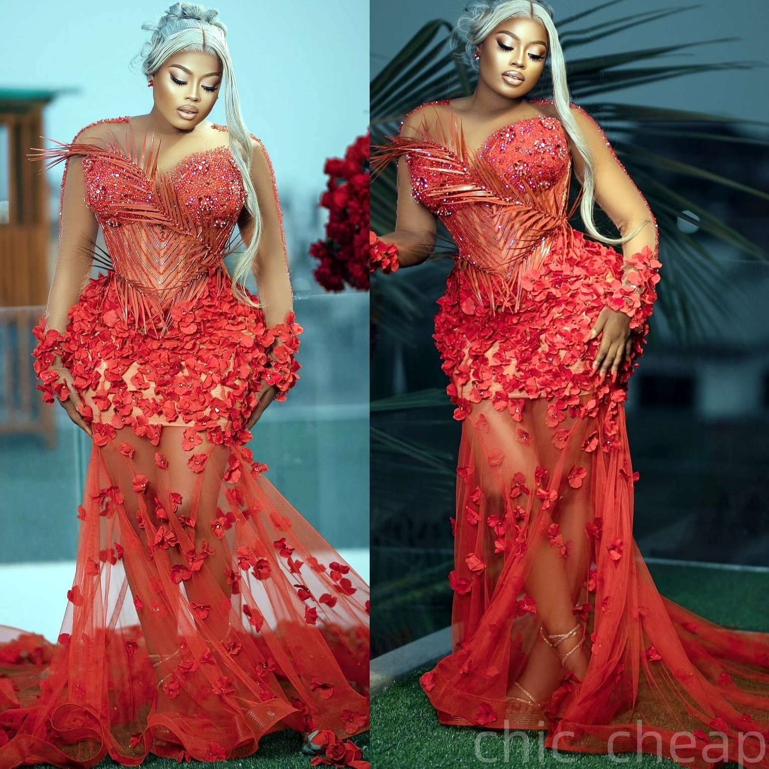 Red Mermaid Prom Dresses 2025 Floral Flowers Crystals Beaded Evening Formal Party Second Birthday Engagement Gowns Plus Size Dress For Special Occasio