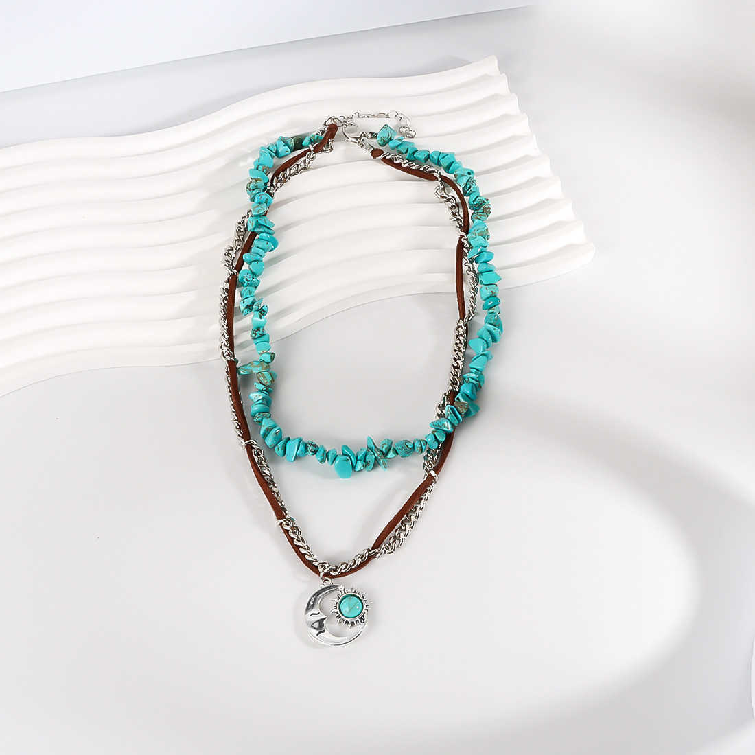 Pendant Necklaces Jewelry ethnic style double-layer layered necklace womens sun and moon inlaid turquoise alloy pendant necklace NK24410 H25219